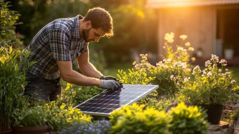 Zonnepaneel wordt schoongemaakt in de tuin